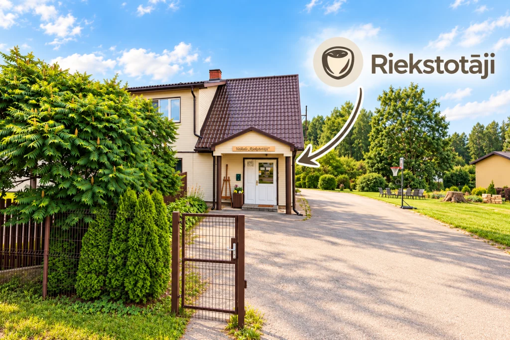 Riekstotavas ieeja: gaiša māja ar brūnu jumtu un lieveni, virs baltajām durvīm koka izkārtne «Veikals „Riekstotāji”», Riekstotāju logo ar bultu norāda uz ieeju; priekšplānā brūni vārtiņi un piebraucamais ceļš